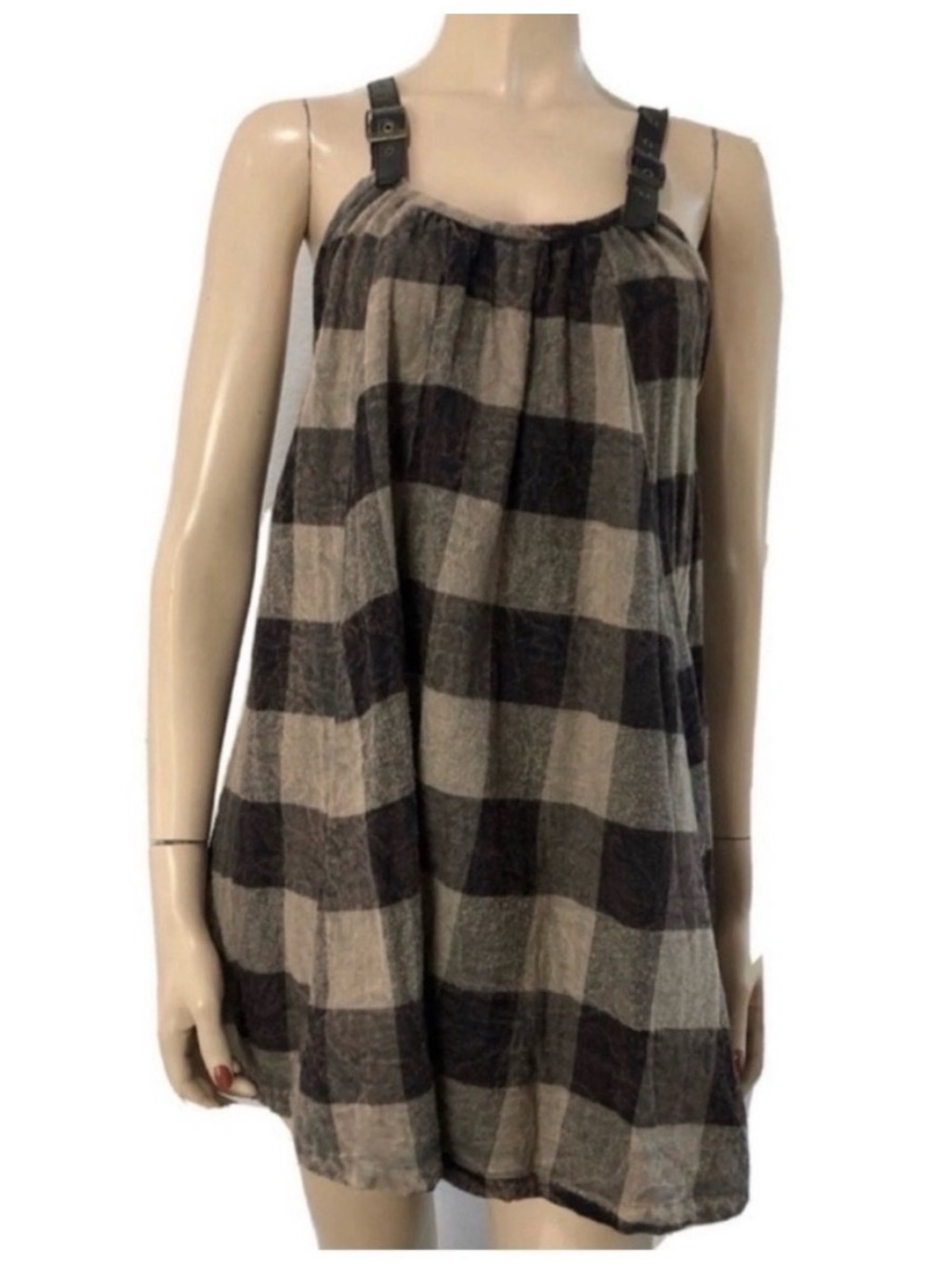 ROXY Plaid Sleeveless Tunic with Buckle Straps - Black & Cream